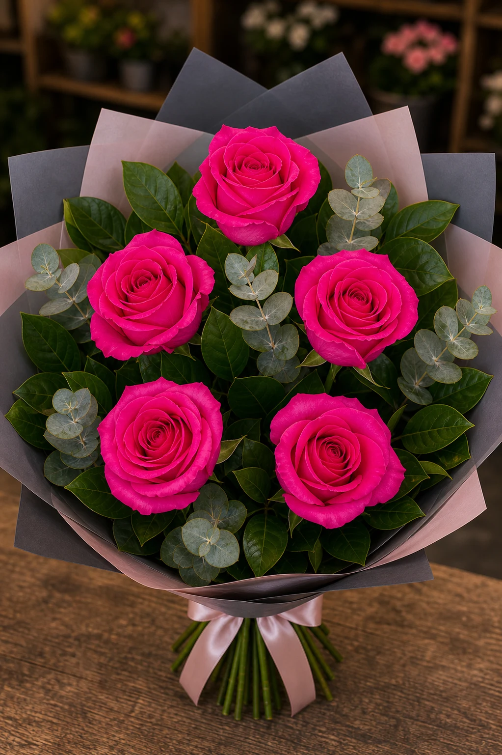 Buchet trandafiri roz 5 fire fuchsia modern - poza 4