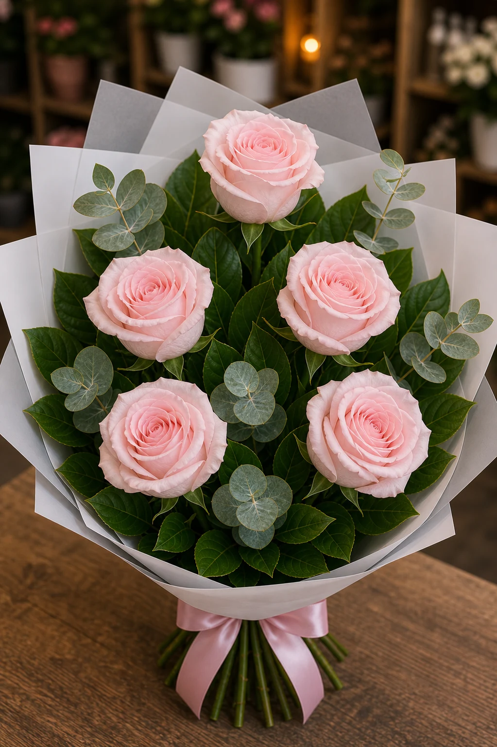 Buchet trandafiri roz 5 fire pudrat minimalist - poza 3