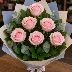 Buchet trandafiri roz 7 fire pastel lejer - poza 1