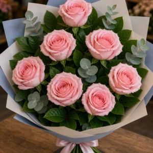 Buchet trandafiri roz 7 fire pastel lejer - poza 2