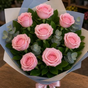Buchet trandafiri roz 7 fire pastel lejer - poza 3