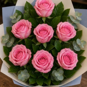 Buchet trandafiri roz 7 fire pastel lejer - poza 4