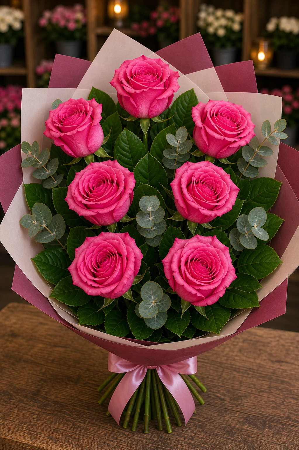 Buchet trandafiri roz 7 fire zmeura - poza 1