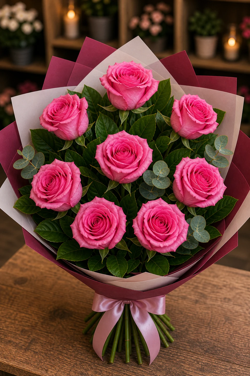 Buchet trandafiri roz 7 fire zmeura - poza 2