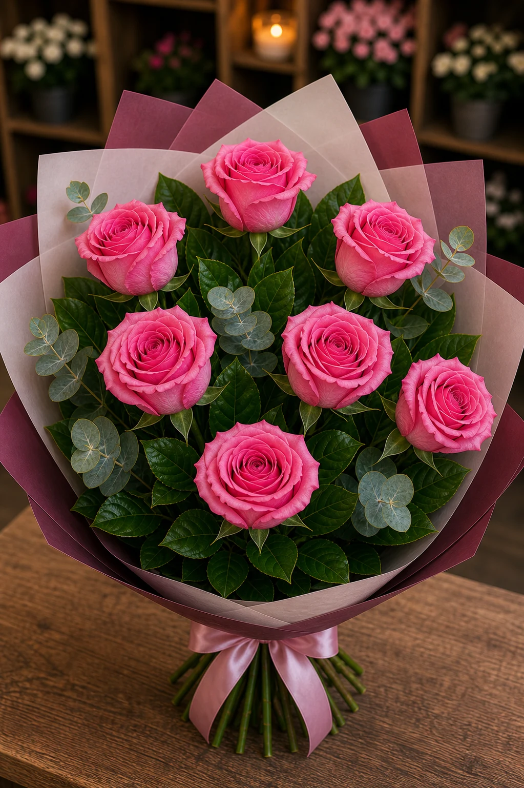 Buchet trandafiri roz 7 fire zmeura - poza 3