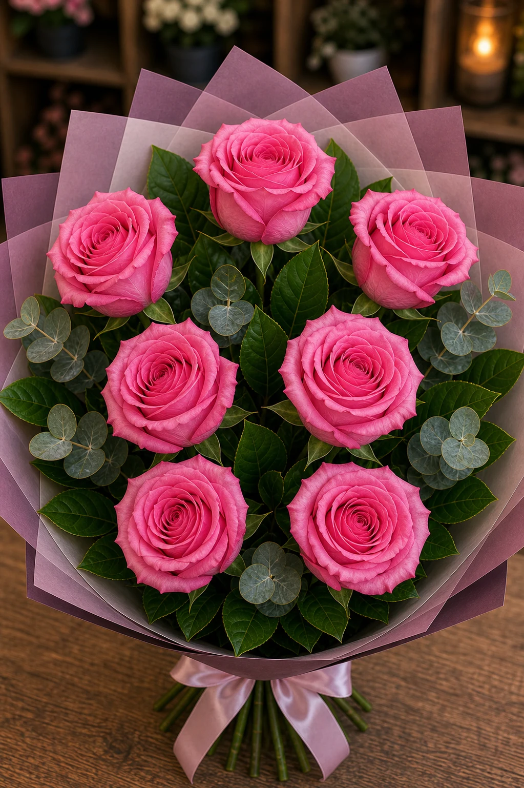 Buchet trandafiri roz 7 fire zmeura - poza 4