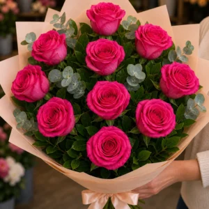 Buchet trandafiri roz 9 fire cald - poza 2