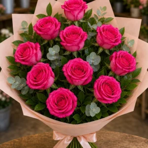 Buchet trandafiri roz 9 fire cald - poza 3