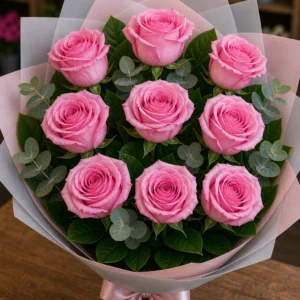 Buchet trandafiri roz 9 fire roz rece - poza 2