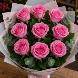 Buchet trandafiri roz 9 fire roz rece - poza 3