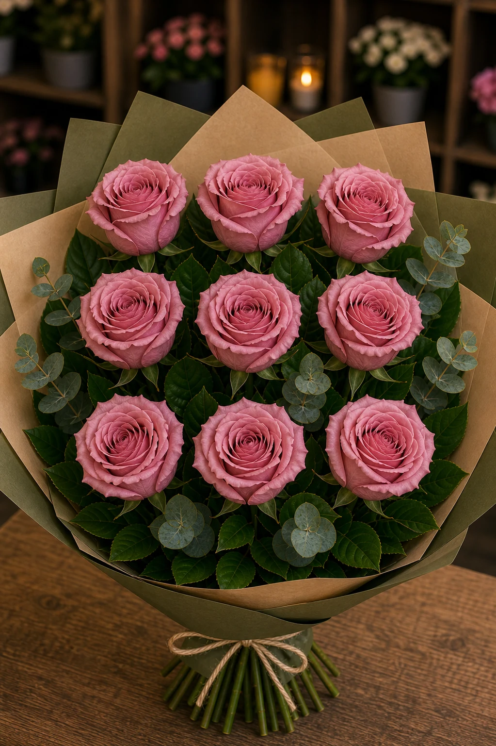 Buchet trandafiri roz 9 fire vintage prafuit - poza 1