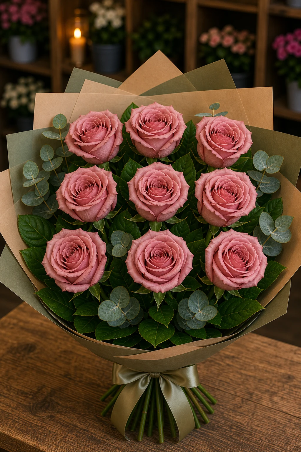 Buchet trandafiri roz 9 fire vintage prafuit - poza 2