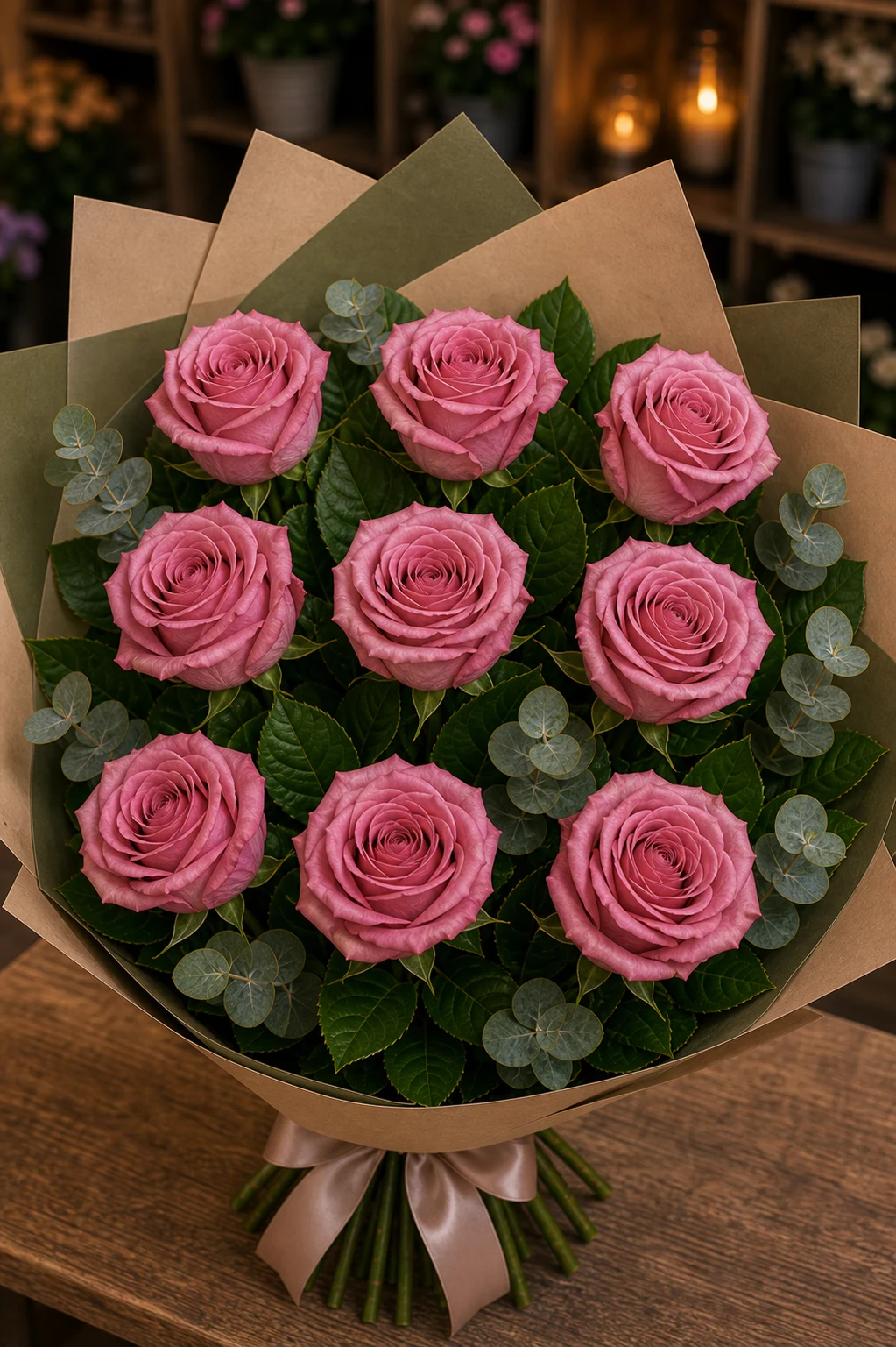 Buchet trandafiri roz 9 fire vintage prafuit - poza 3