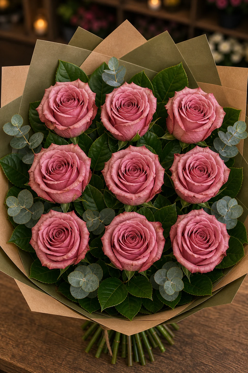 Buchet trandafiri roz 9 fire vintage prafuit - poza 4
