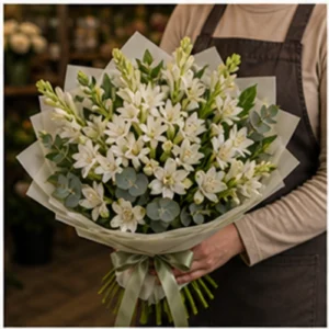 Buchet Tuberoze albe cu eucalipt - poza 2