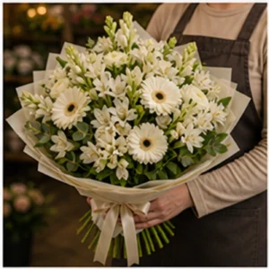 Buchet Tuberoze cu gerbera alba - poza 2
