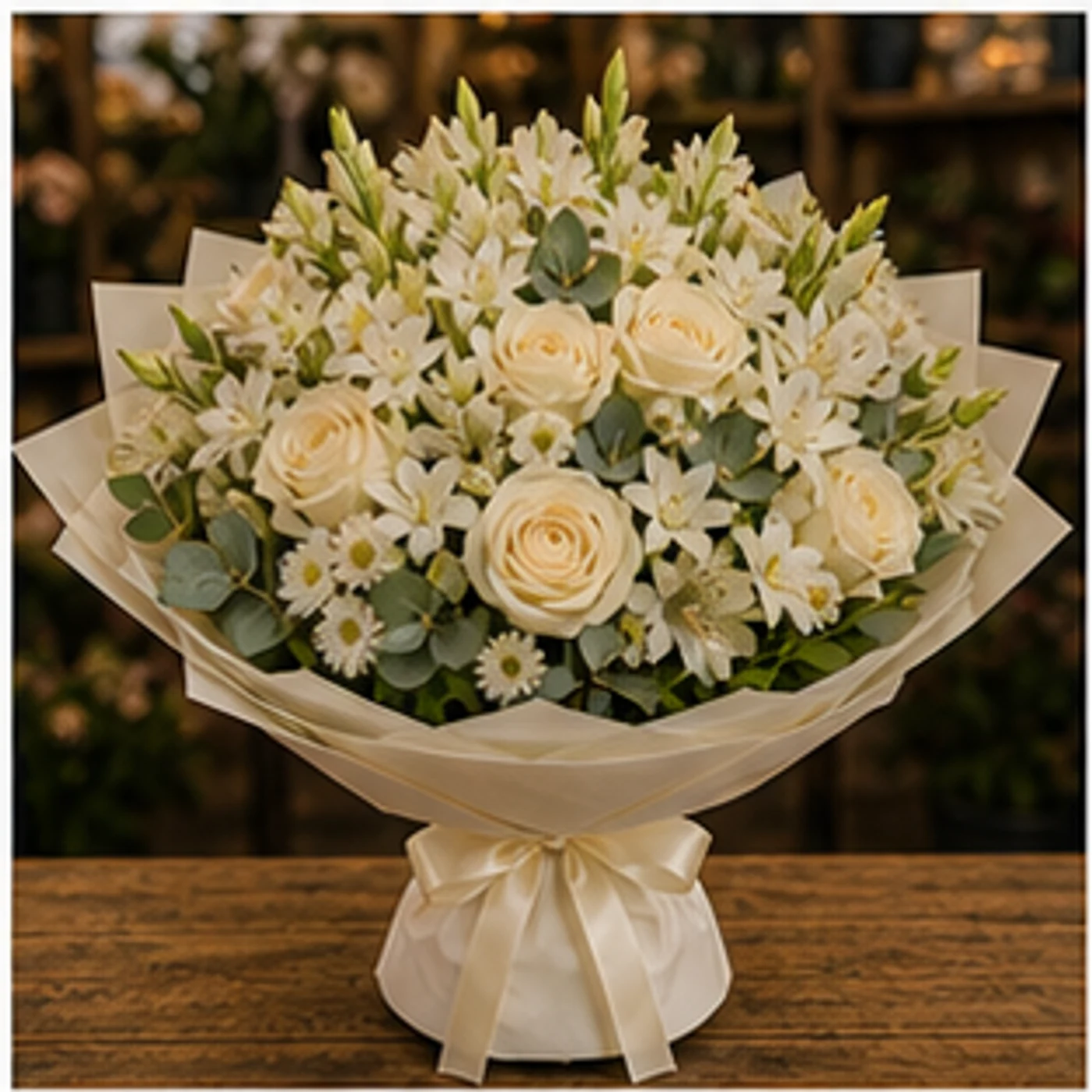 Buchet Tuberoze cu trandafiri crem - poza 1