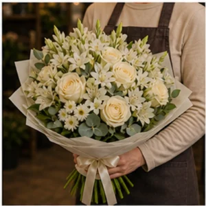 Buchet Tuberoze cu trandafiri crem - poza 2