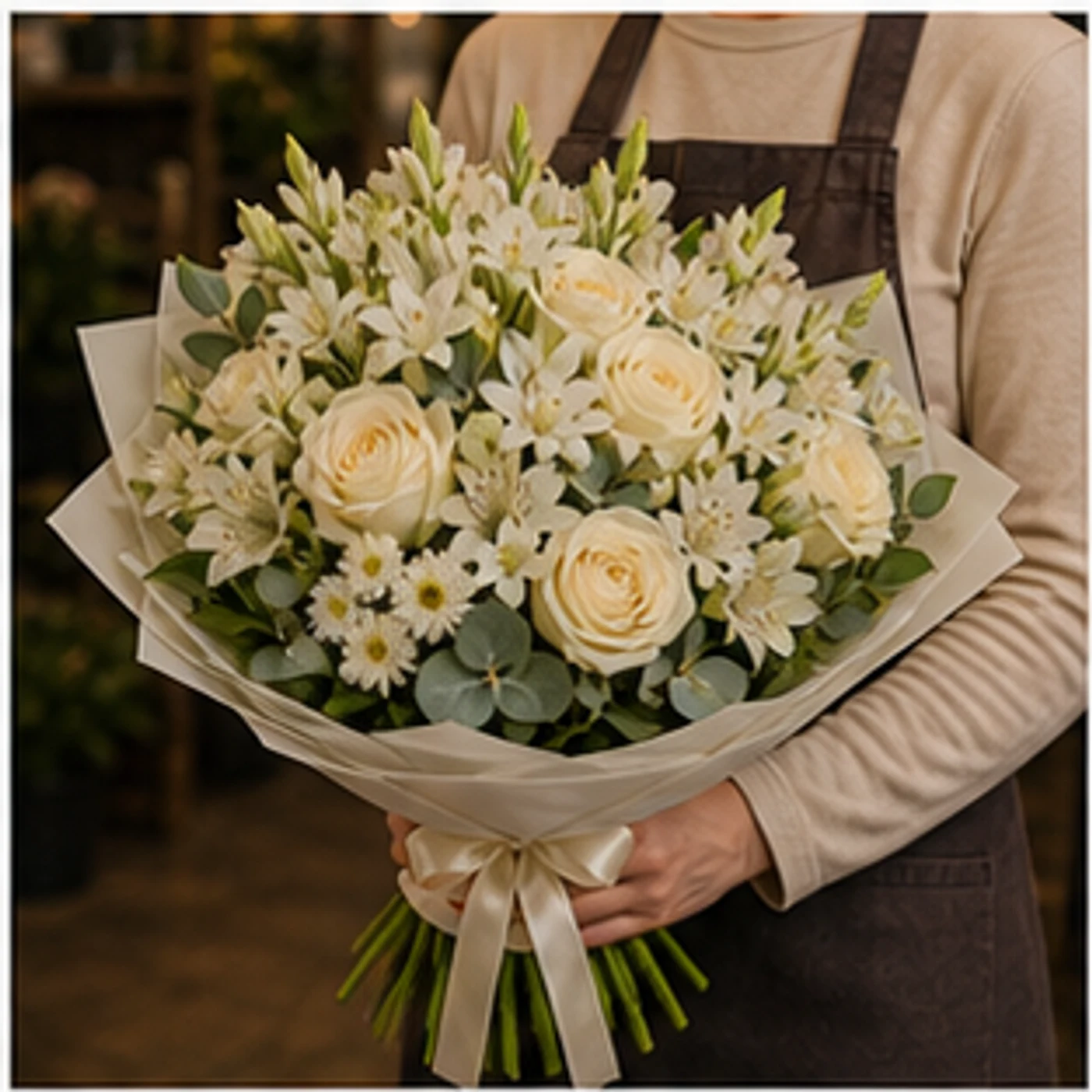 Buchet Tuberoze cu trandafiri crem - poza 2