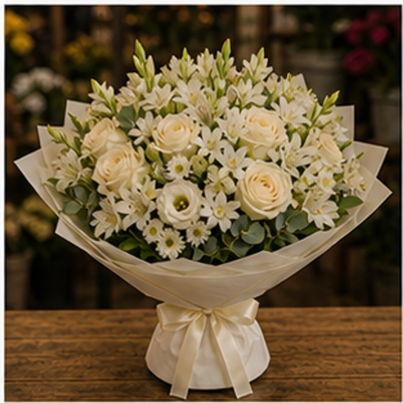 Buchet Tuberoze cu trandafiri crem - poza 3