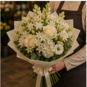 Buchet Tuberoze premium crem cu trandafiri - poza 2