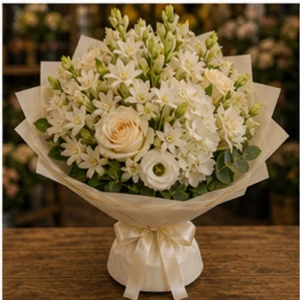 Buchet Tuberoze premium crem cu trandafiri - poza 3