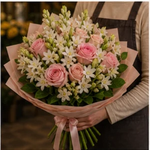 Buchet Tuberoze romantic cu trandafiri roz - poza 2