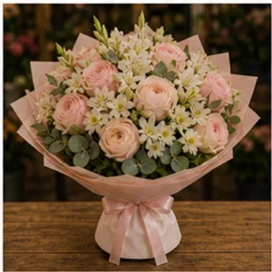 Buchet Tuberoze roz pal cu trandafiri - poza 3
