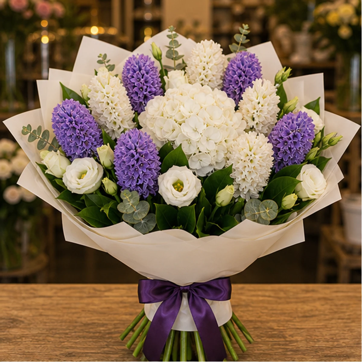 Buchet Zambile de lux alb mov cu hortensie - poza 1
