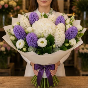 Buchet Zambile de lux alb mov cu hortensie - poza 3