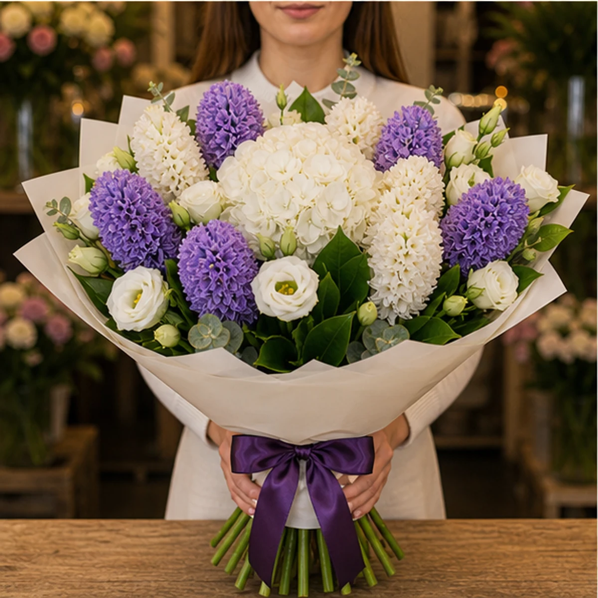 Buchet Zambile de lux alb mov cu hortensie - poza 3