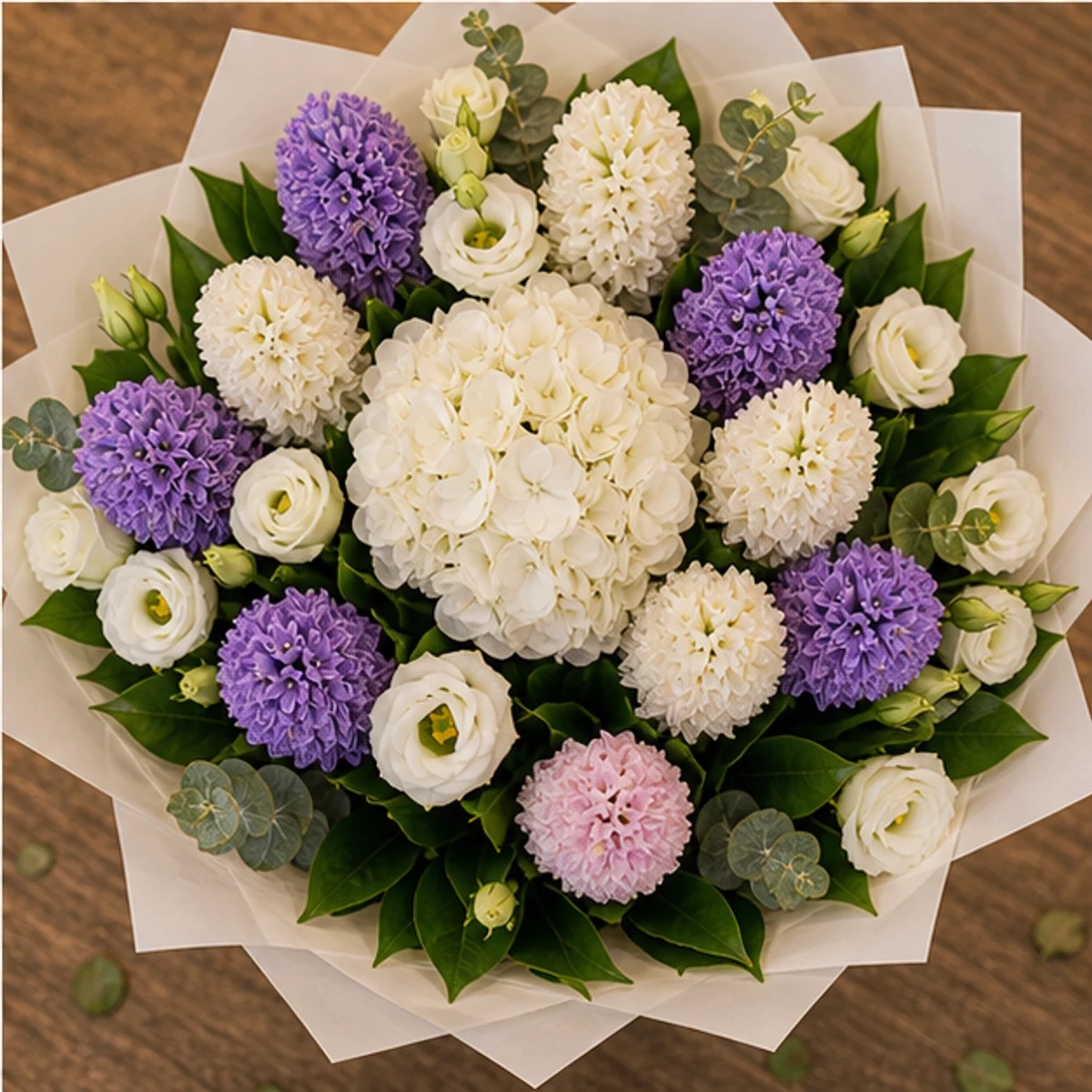 Buchet Zambile de lux alb mov cu hortensie - poza 4
