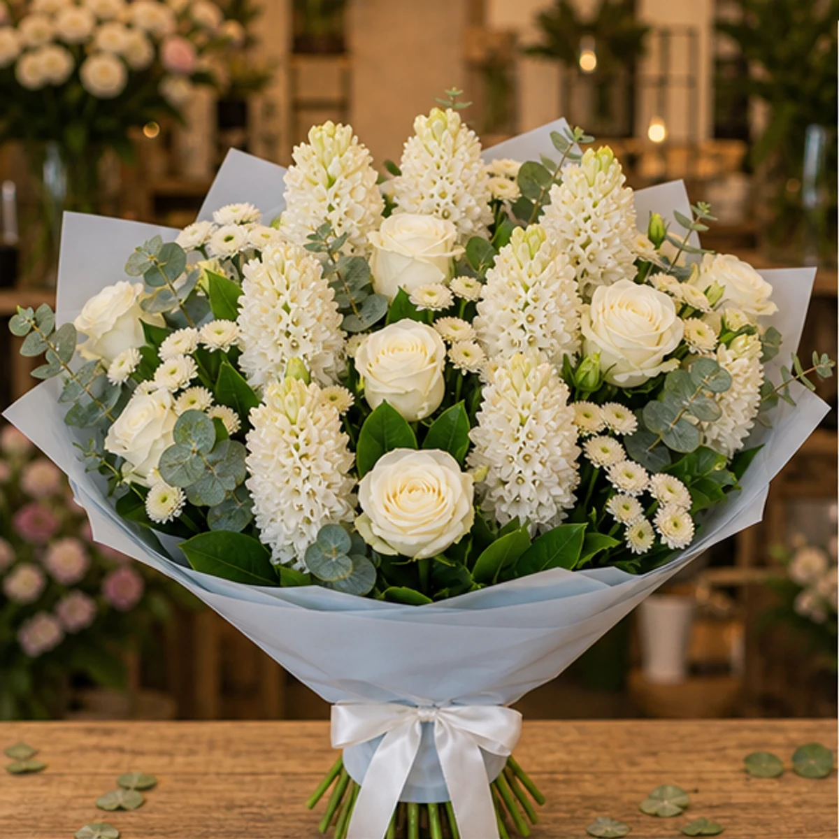 Buchet Zambile luminos cu trandafiri albi - poza 1