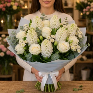 Buchet Zambile luminos cu trandafiri albi - poza 3