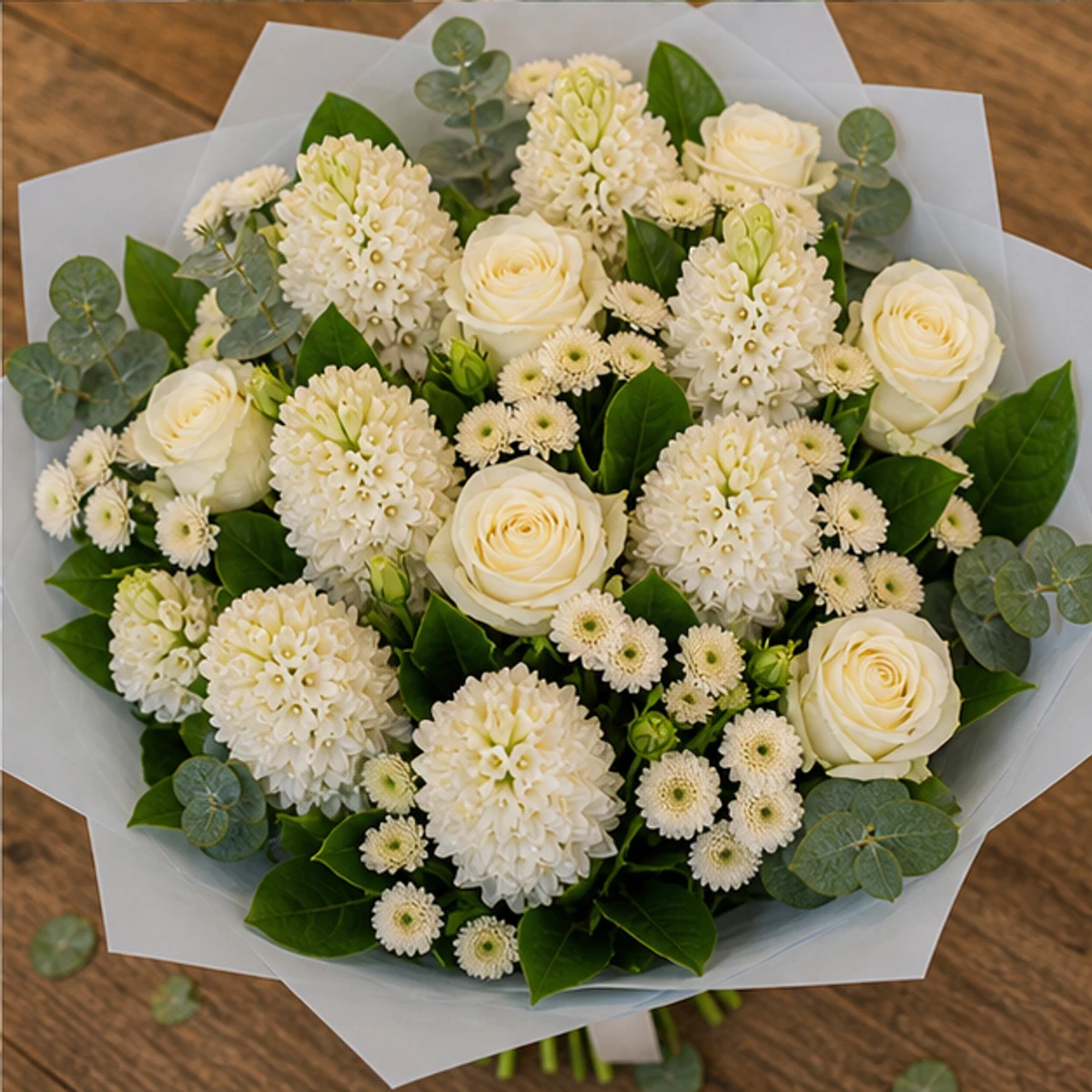 Buchet Zambile luminos cu trandafiri albi - poza 4