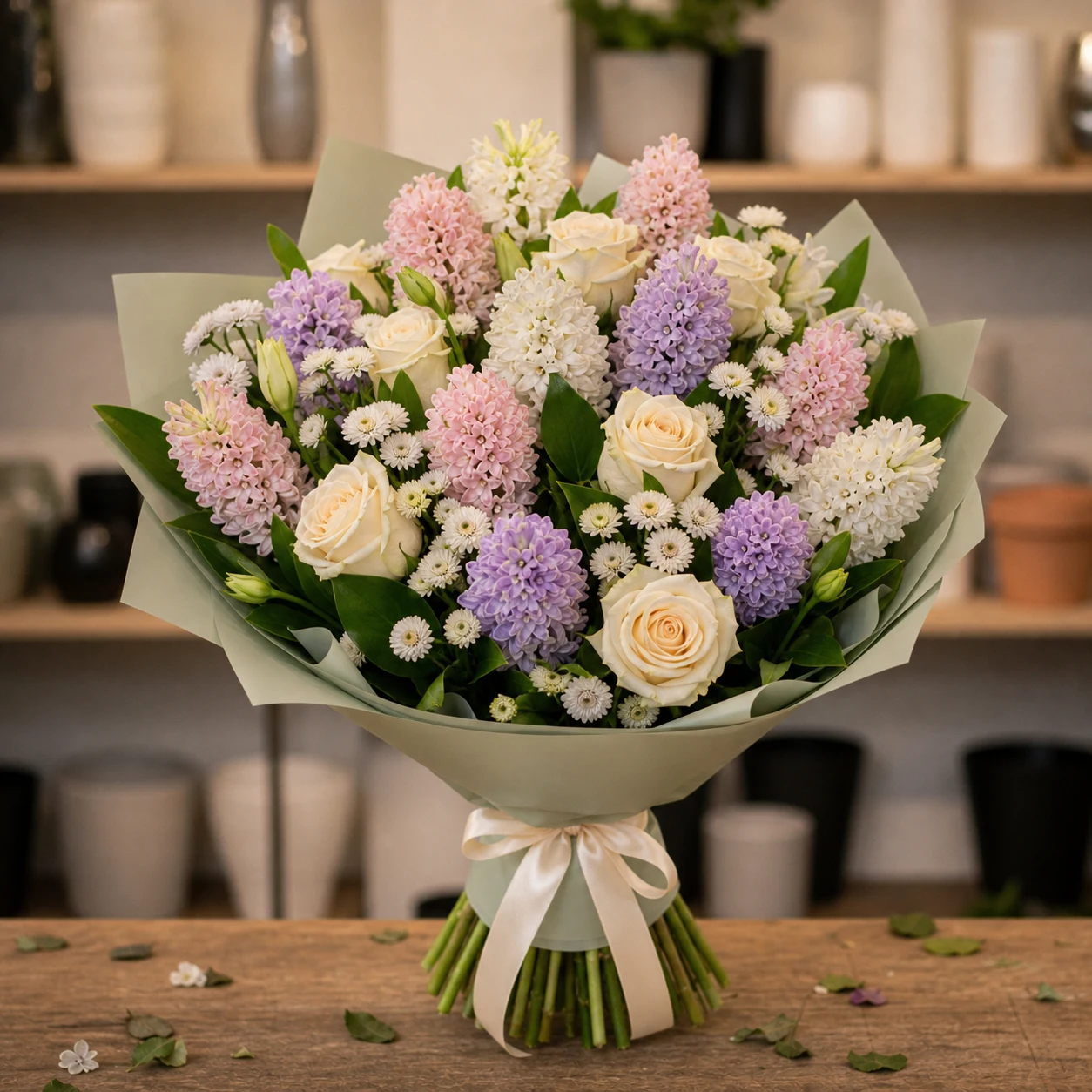 Buchet Zambile pastel cu trandafiri crem - poza 1