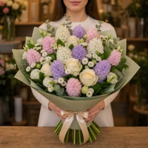 Buchet Zambile pastel cu trandafiri crem - poza 3