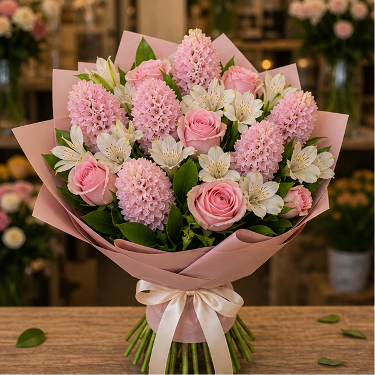 Buchet Zambile romantic roz cu trandafiri - poza 1