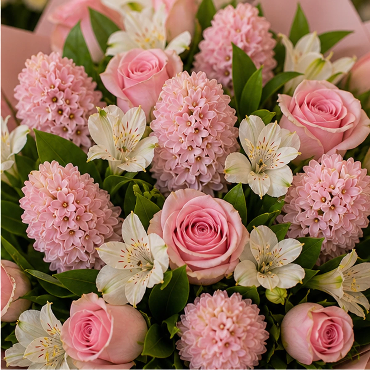 Buchet Zambile romantic roz cu trandafiri - poza 2
