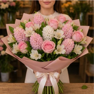 Buchet Zambile romantic roz cu trandafiri - poza 3
