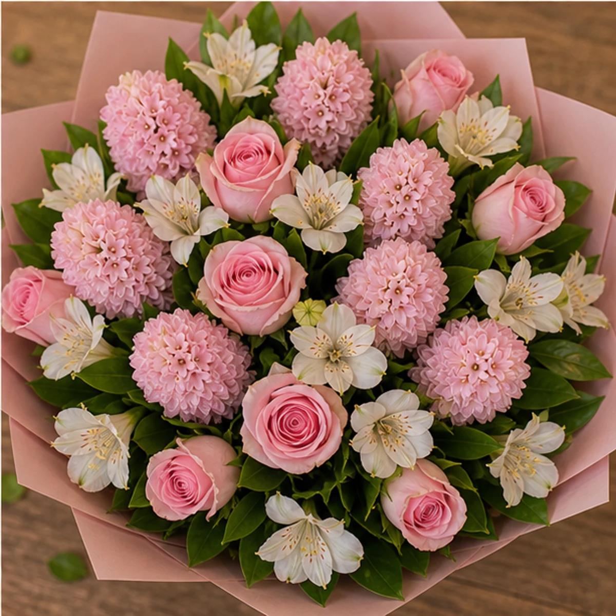 Buchet Zambile romantic roz cu trandafiri - poza 4