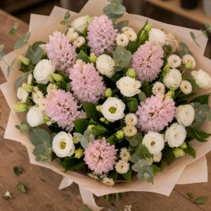 Buchet Zambile roz pal cu lisianthus alb - poza 4