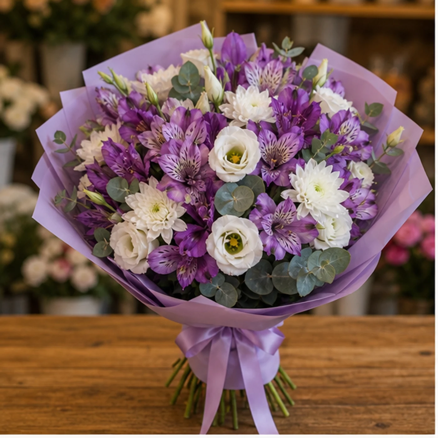 Buchete Alstroemeria mov cu lisianthus si crizanteme albe - poza 1
