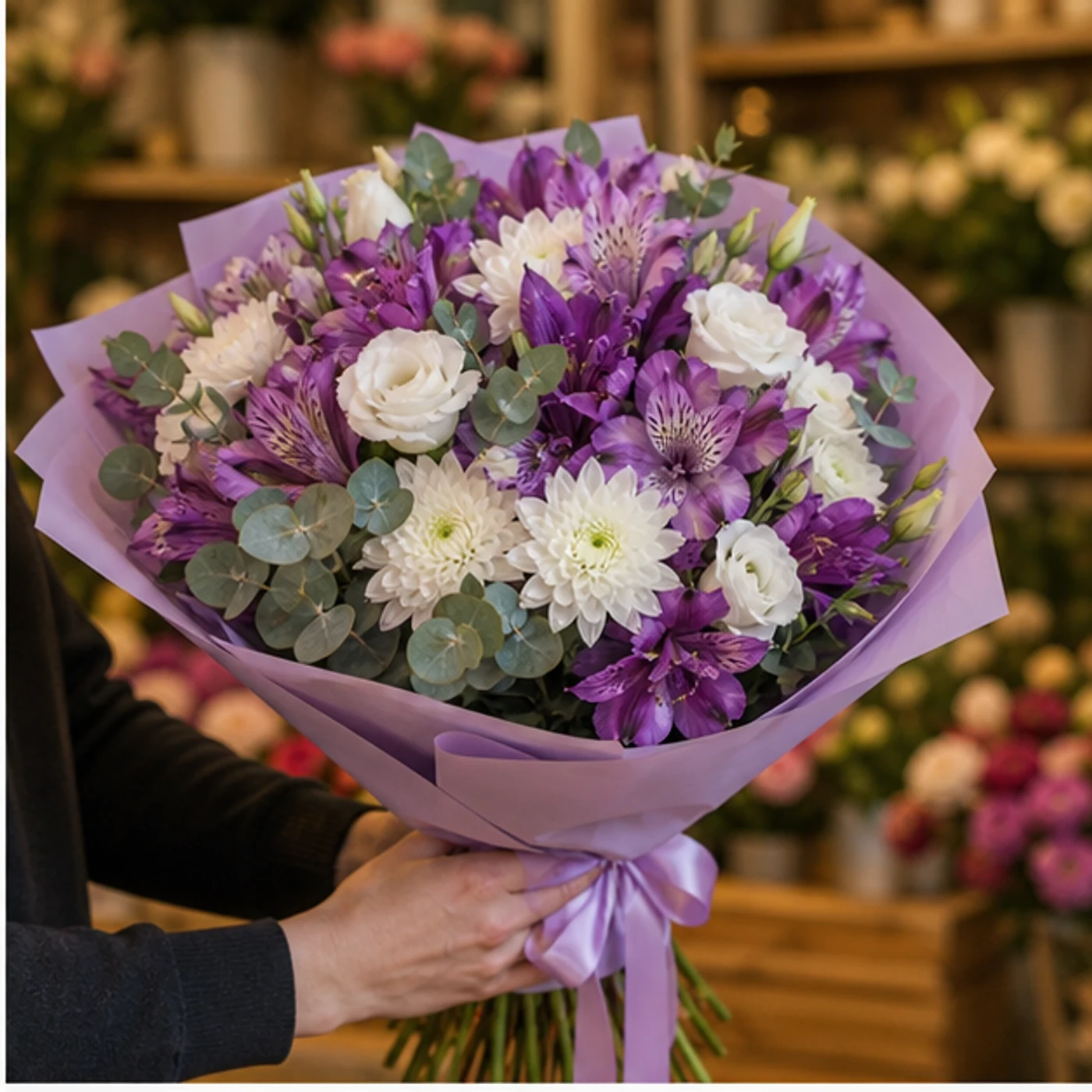 Buchete Alstroemeria mov cu lisianthus si crizanteme albe - poza 2