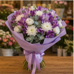 Buchete Alstroemeria mov cu lisianthus si crizanteme albe - poza 3