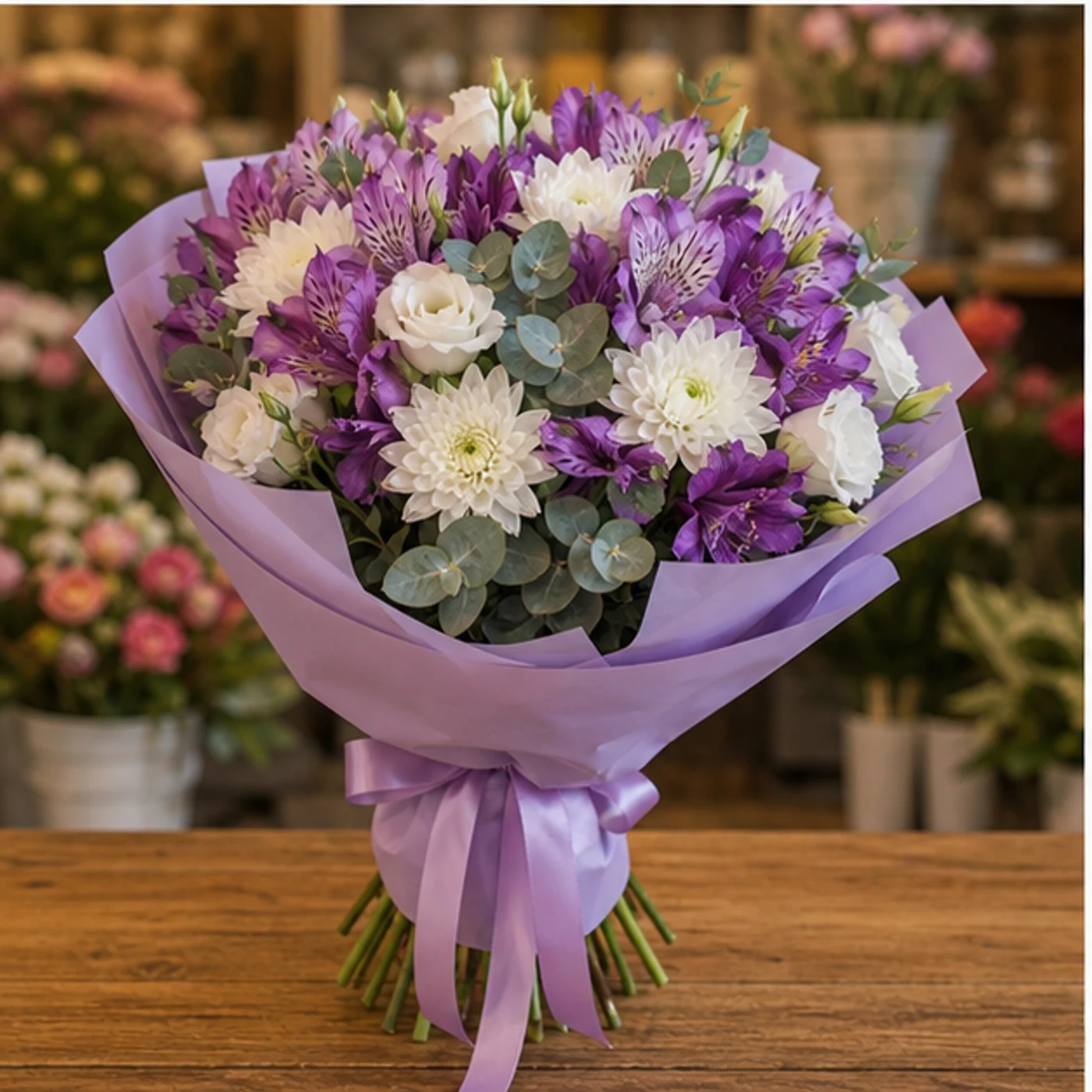 Buchete Alstroemeria mov cu lisianthus si crizanteme albe - poza 3