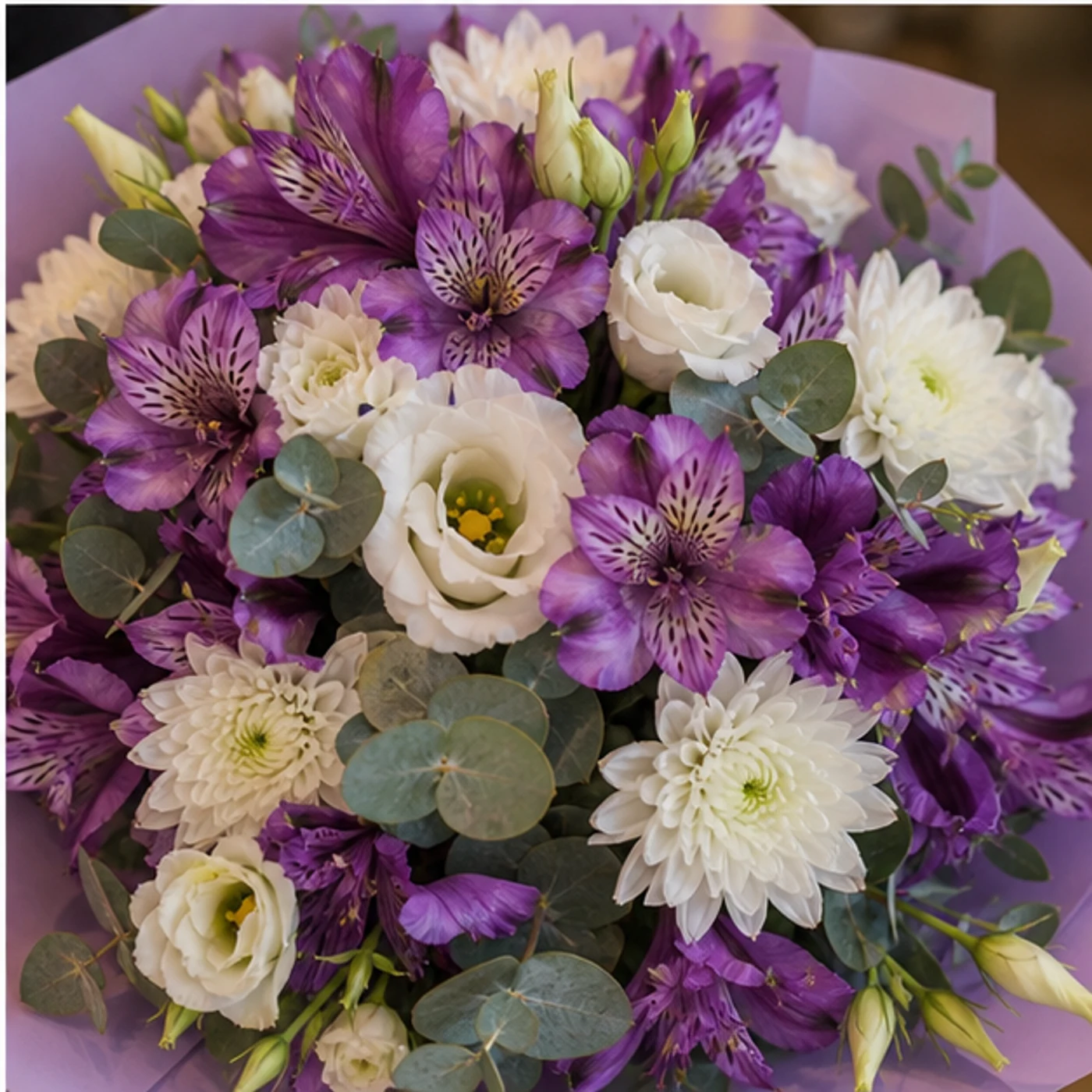 Buchete Alstroemeria mov cu lisianthus si crizanteme albe - poza 4