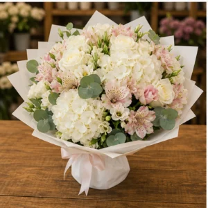 Buchete Alstroemeria premium cu hortensie si trandafiri albi - poza 3