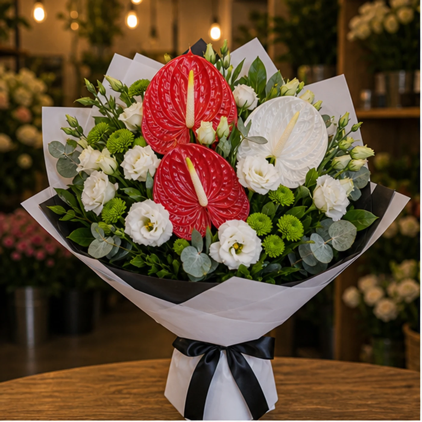 Buchete Anthurium alb si rosu cu verdeata - poza 1