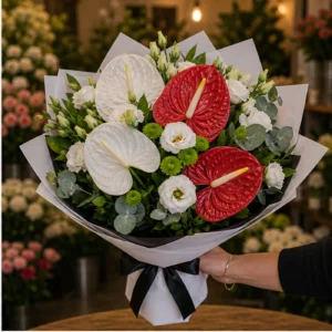 Buchete Anthurium alb si rosu cu verdeata - poza 2